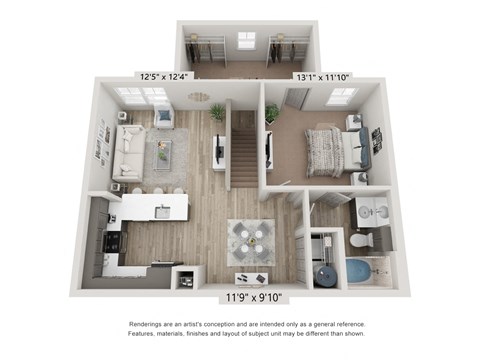 Floor plan for 1 bed, 1 bath, 885 sqft